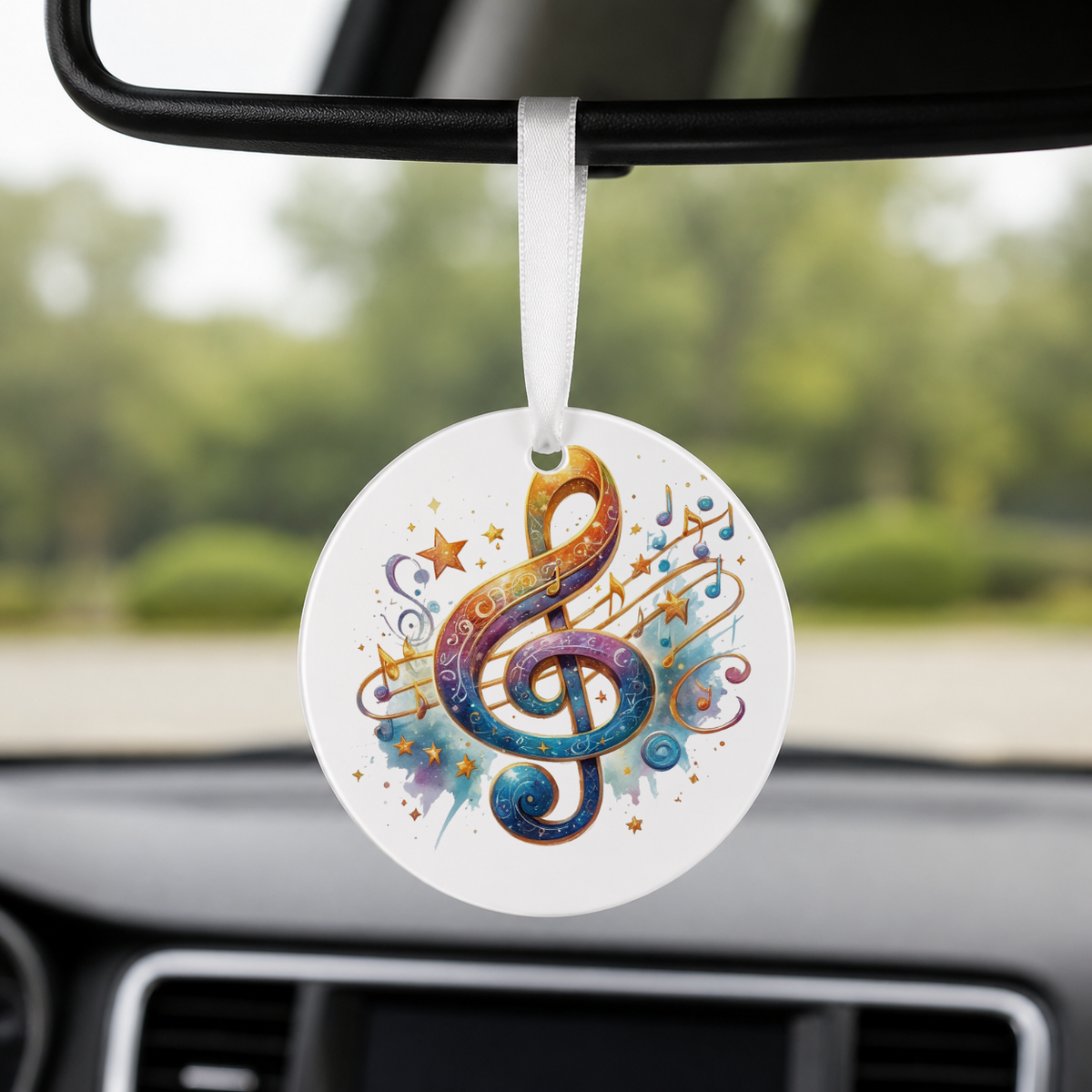 Teal Treble Clef Galaxy Swirl - Round Car Charm in white
