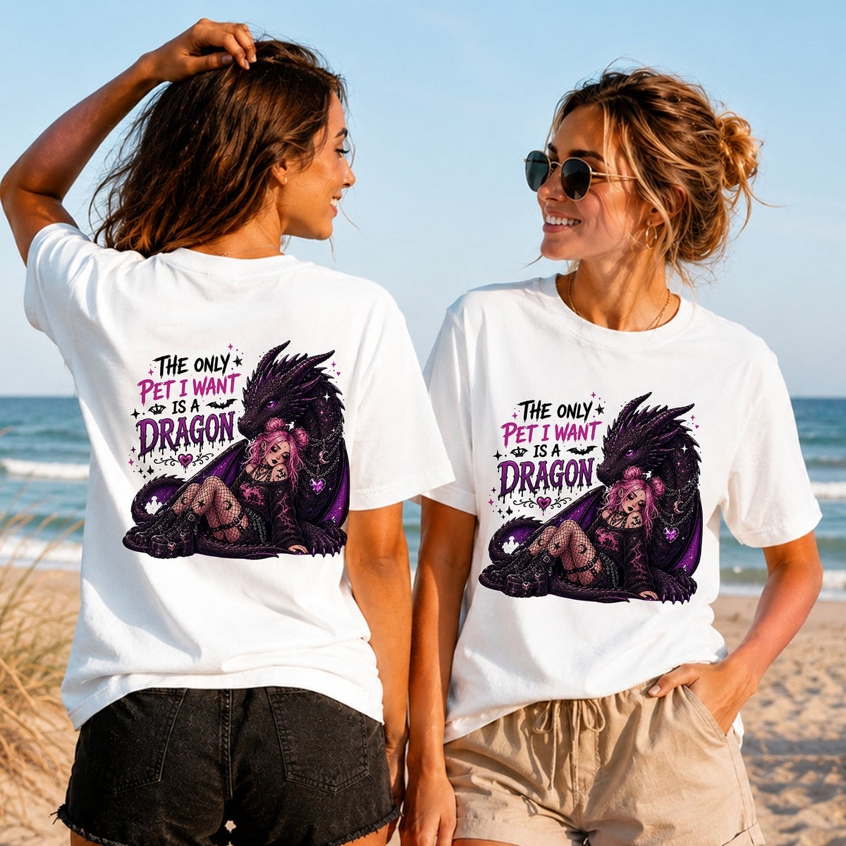The Only Pet I Want Is a Dragon - Women's T-Shirt in white, showing alternative back and front print placements on the beach