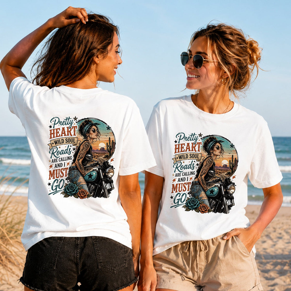 The Roads Are Calling - Women's T-Shirt in white, showing alternative back and front print placements on the beach