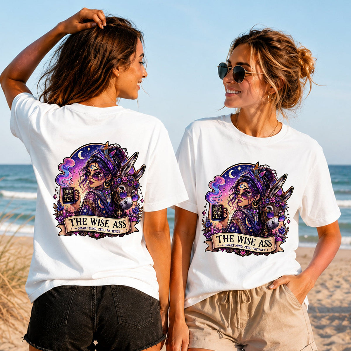 The Wise Ass - Women's T-Shirt in white, showing alternative back and front print placements on the beach