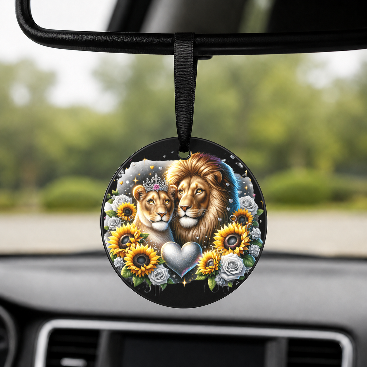 Tiger With Sunflowers - Solo - Round Car Charm in black