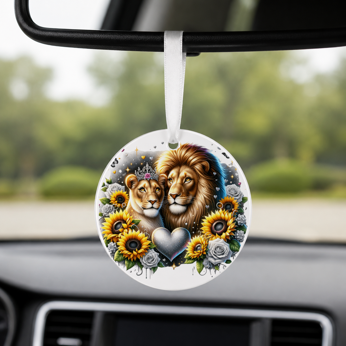 Tiger With Sunflowers - Solo - Round Car Charm in white