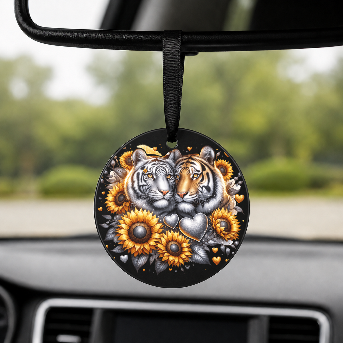 Tigers With Sunflowers - Pair - Round Car Charm in black
