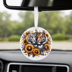 Tigers With Sunflowers - Pair - Round Car Charm in white