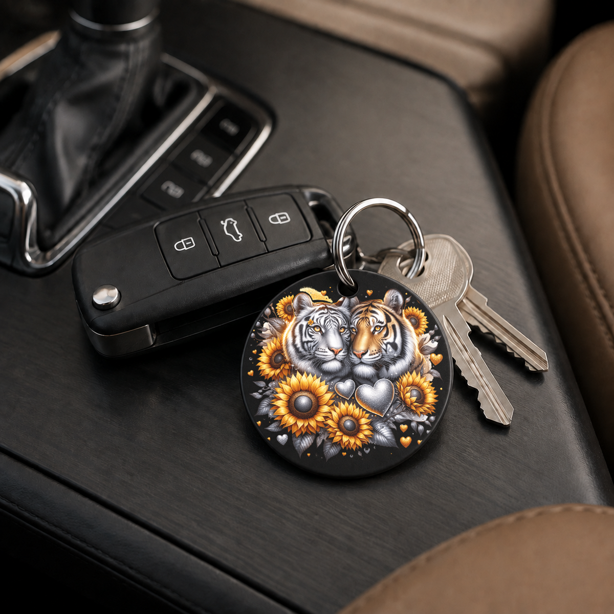 Tigers With Sunflowers - Pair - Keychain in black