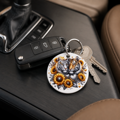 Tigers With Sunflowers - Pair - Keychain in white