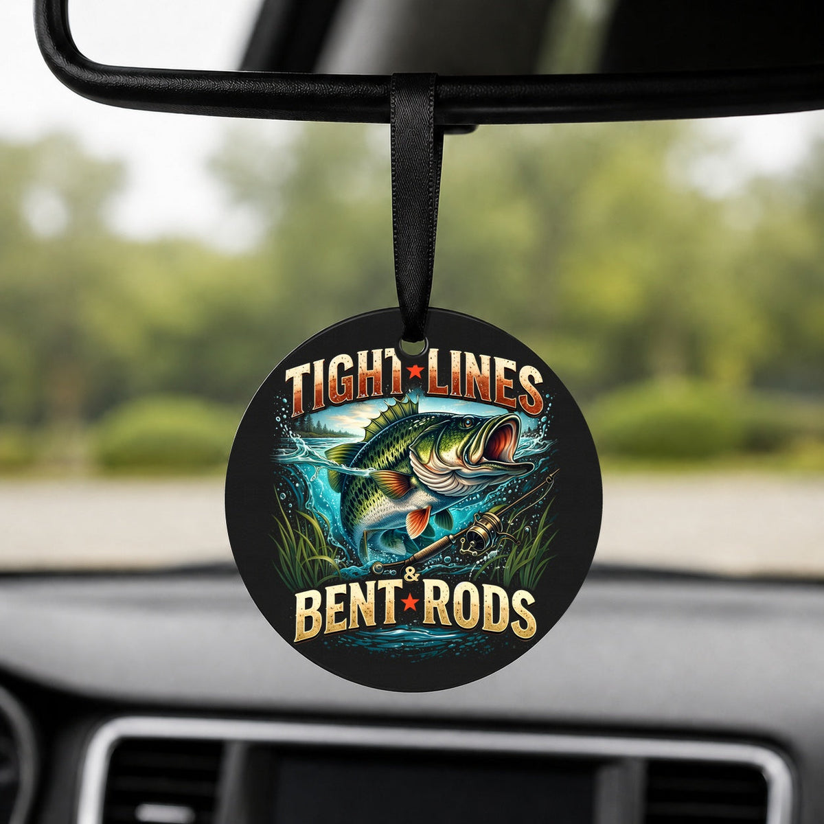 Tight Lines Bent Rods - Round Car Charm in black
