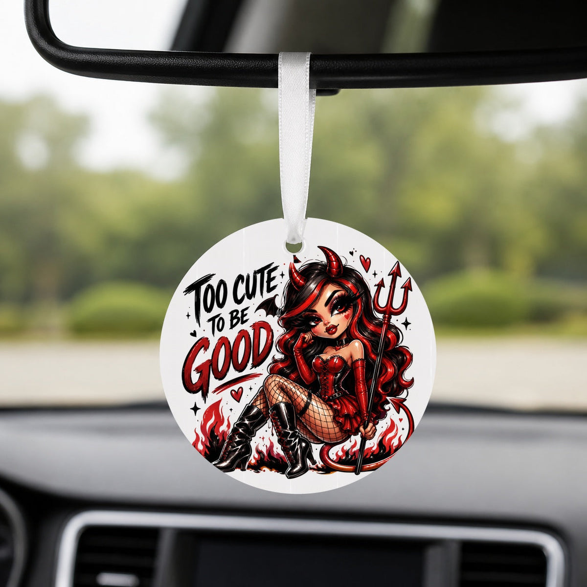 Too Cute to Be Good - Round Car Charm in white