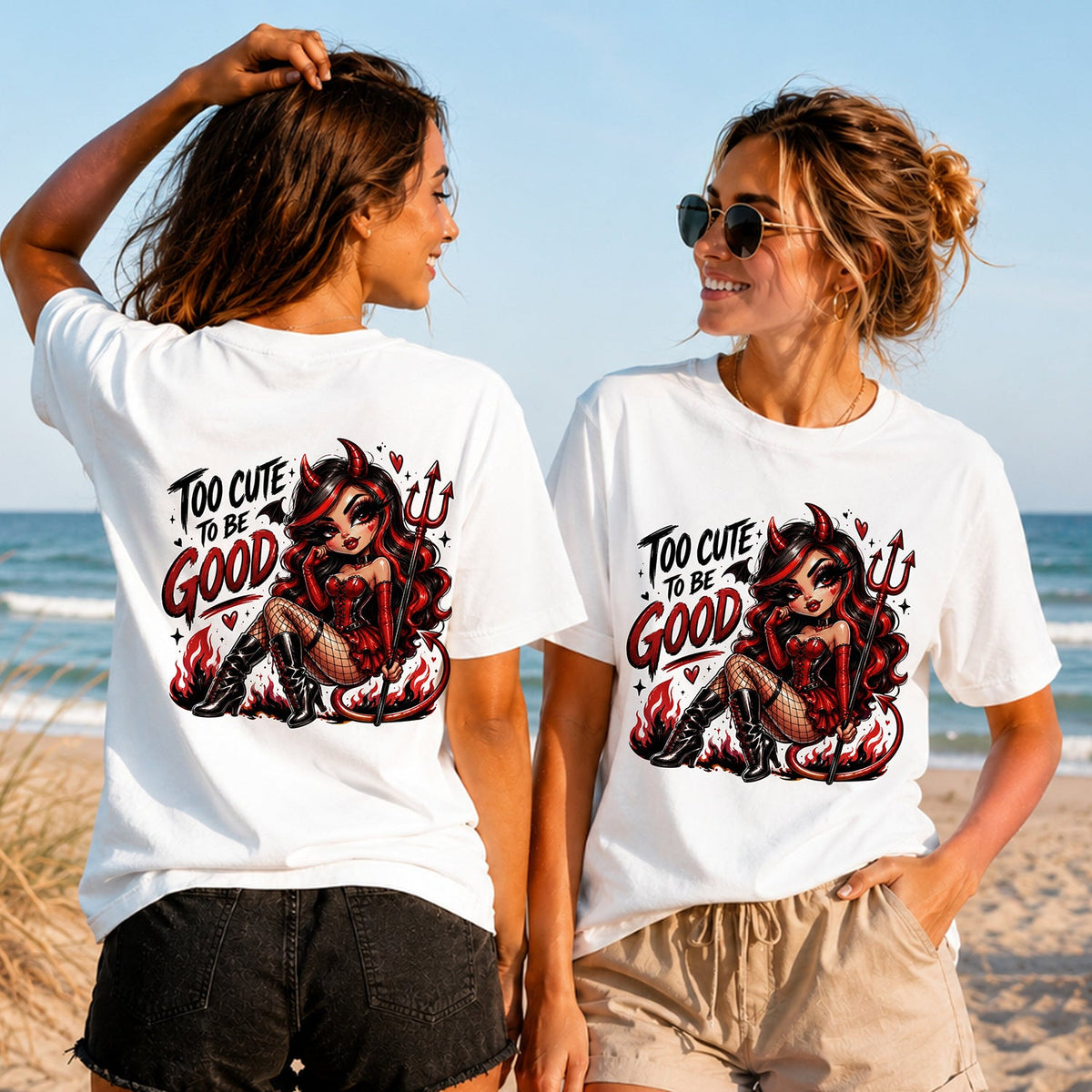 Too Cute to Be Good - Women's T-Shirt in white, showing alternative back and front print placements on the beach