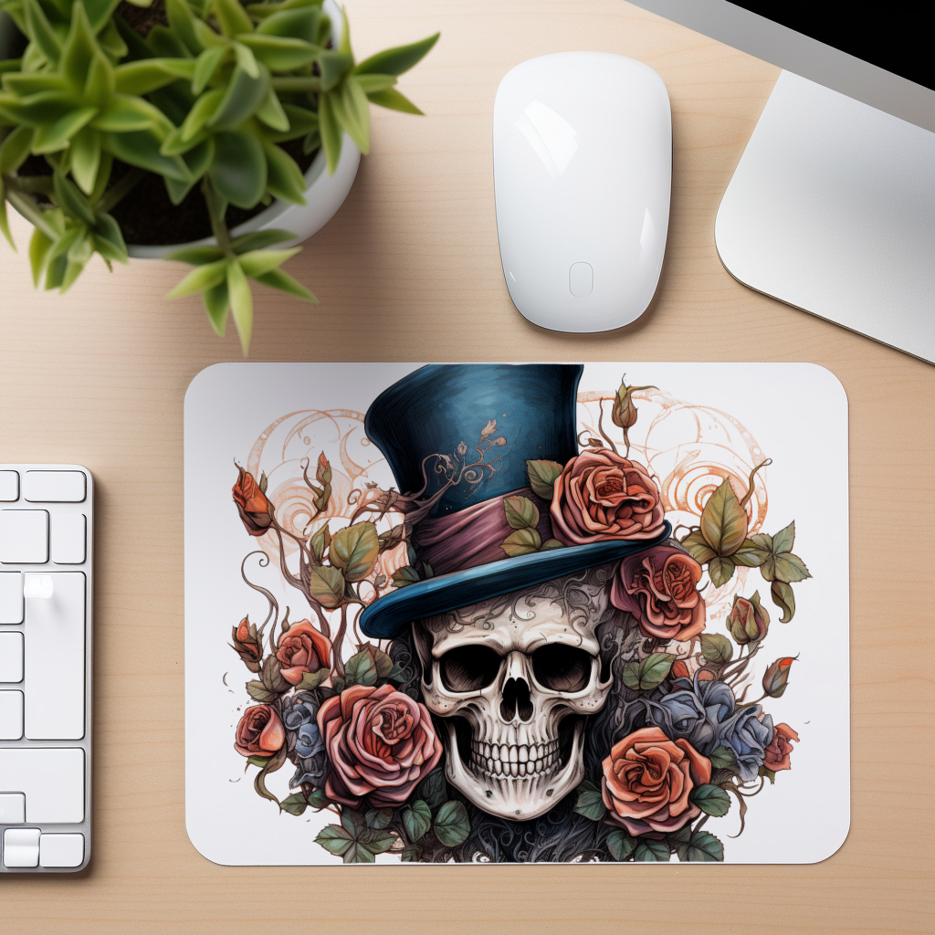 Top Hat Skull With Roses 1 - Mouse Pad