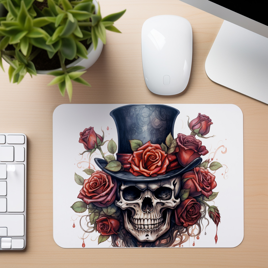 Top Hat Skull With Roses 2 - Mouse Pad