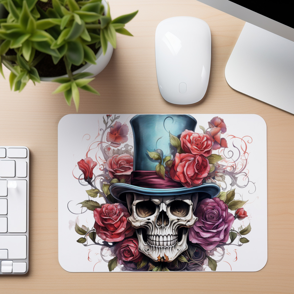 Top Hat Skull With Roses 3 - Mouse Pad