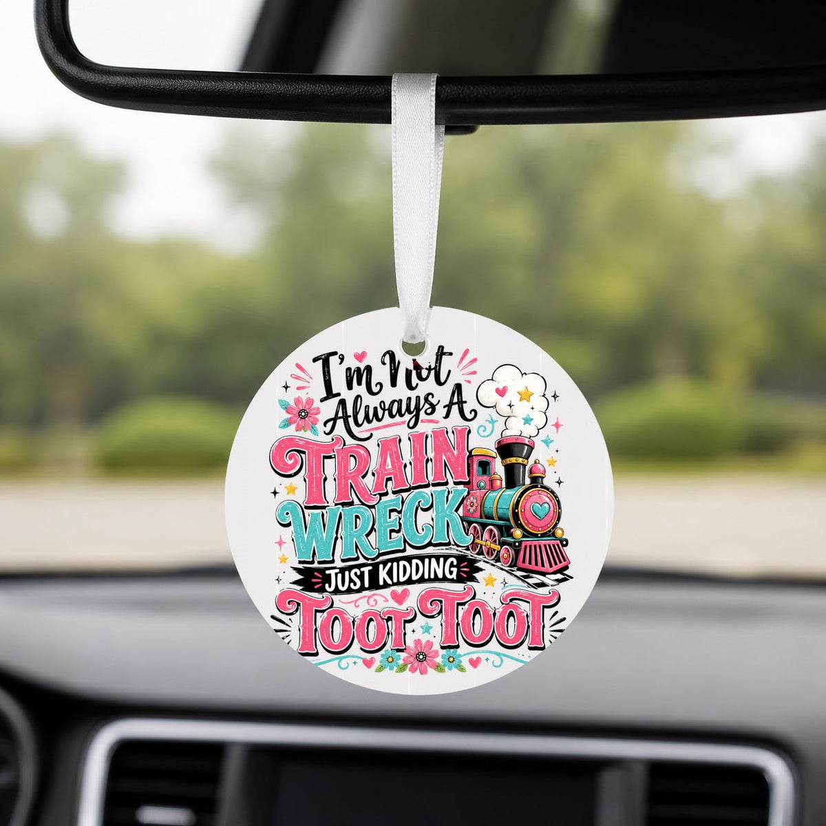 Train Wreck Toot Toot - Round Car Charm in white
