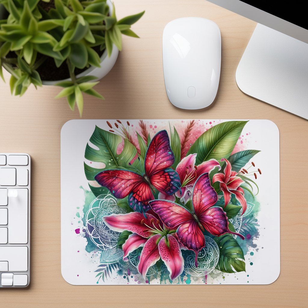 Tropical Pink Butterflies Lilies - Mouse Pad