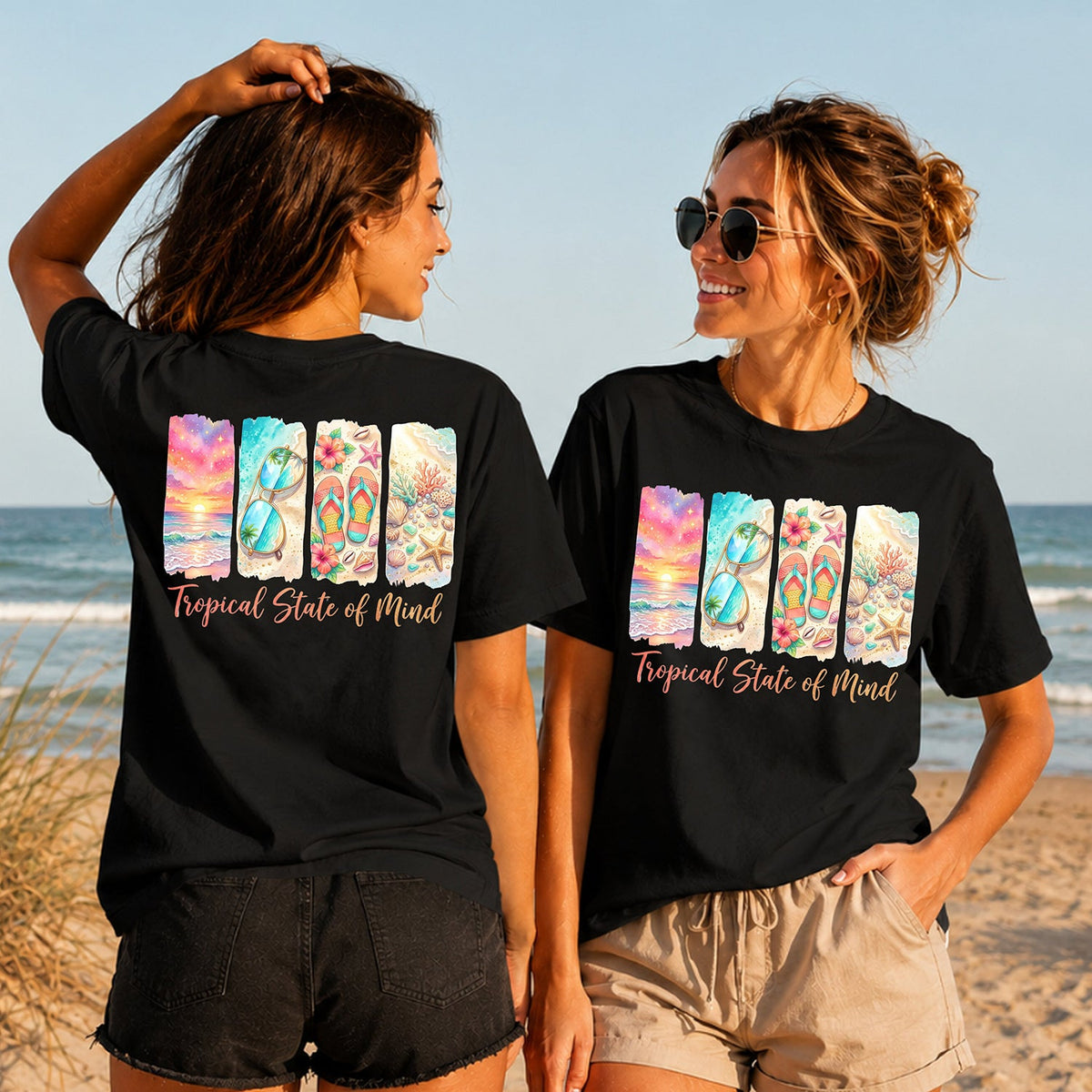 Tropical State of Mind - Women's T-Shirt in black, showing alternative back and front print placements on the beach
