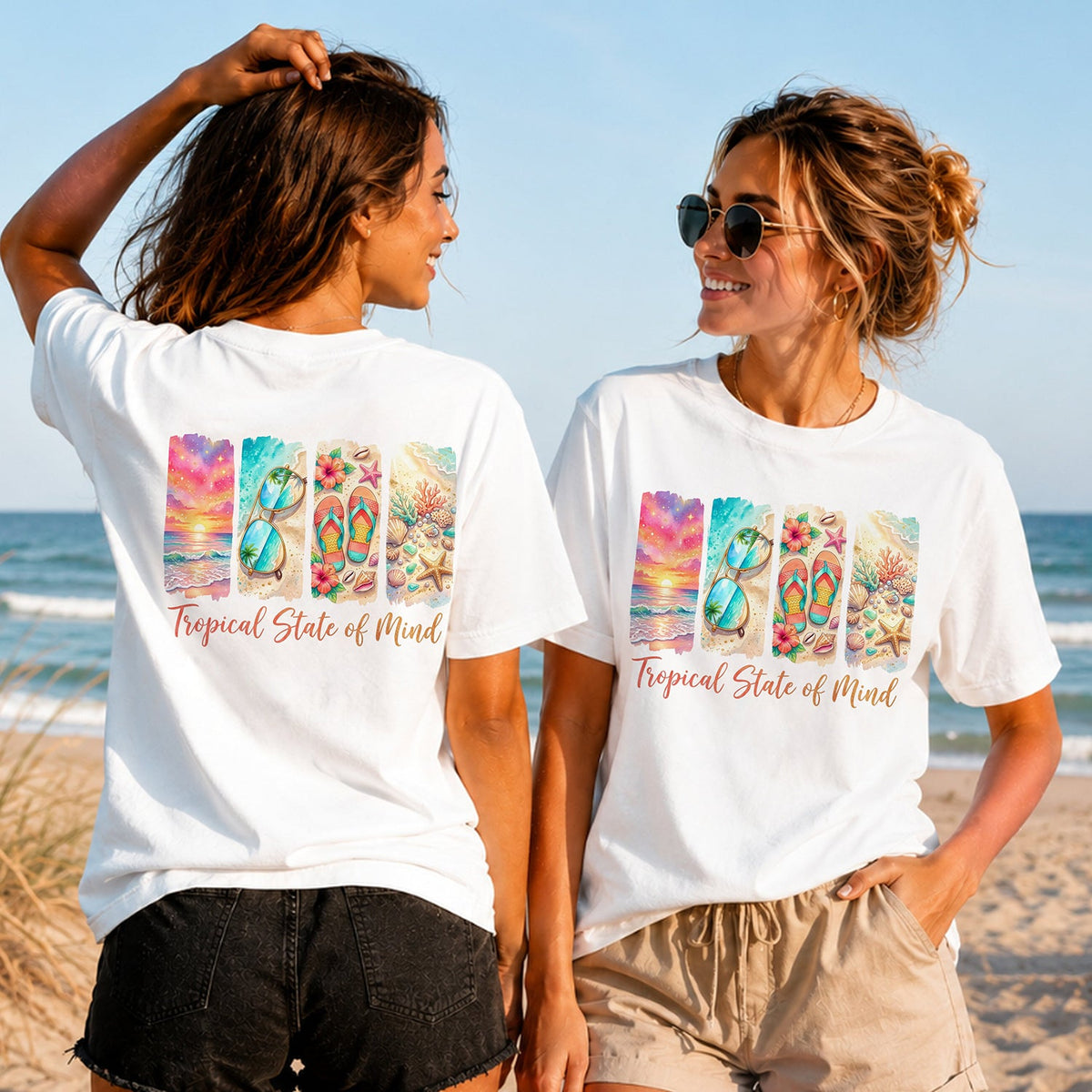 Tropical State of Mind - Women's T-Shirt in white, showing alternative back and front print placements on the beach