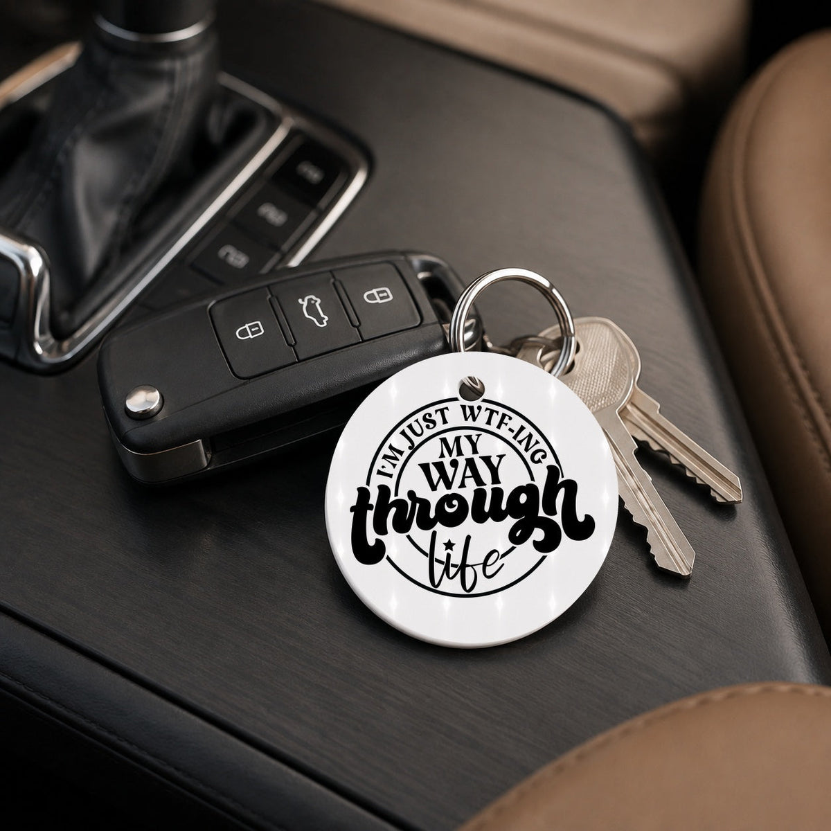 WTF-ing Through Life - Black - Keychain in white