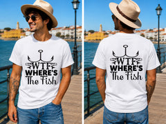 WTF Where's the Fish - Men's T-Shirt in white, showing alternative front or back print placement