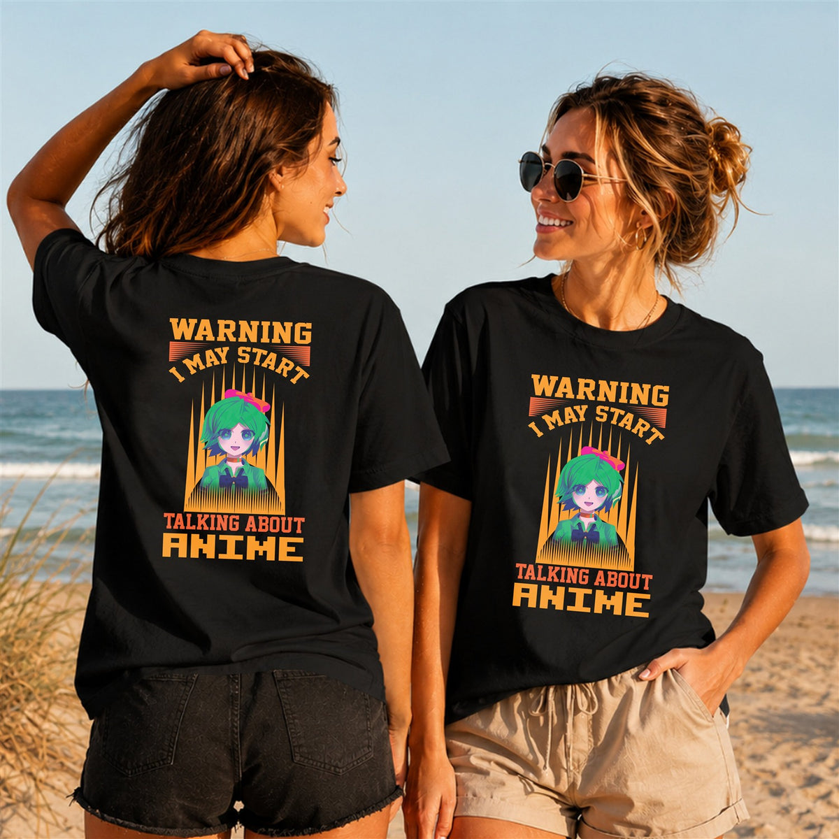 Warning Anime Green Hair Quote - Women's T-Shirt in black, showing front and back print placement choices