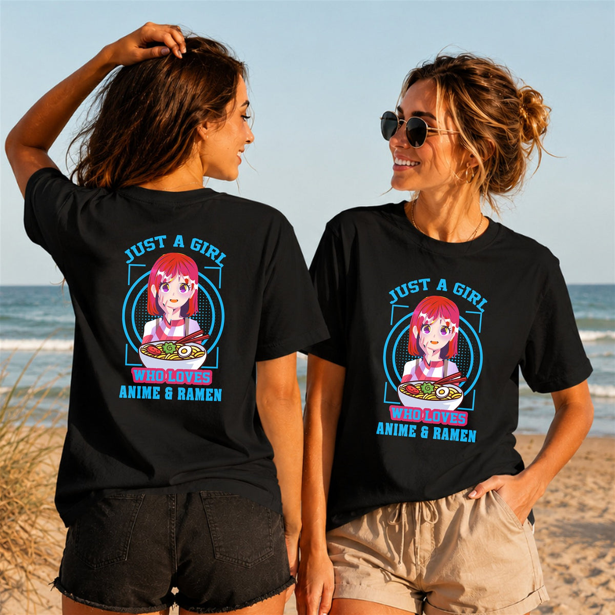 Warning Anime Talk Quote - Coral - Women's T-Shirt in black, showing front and back print placement choices