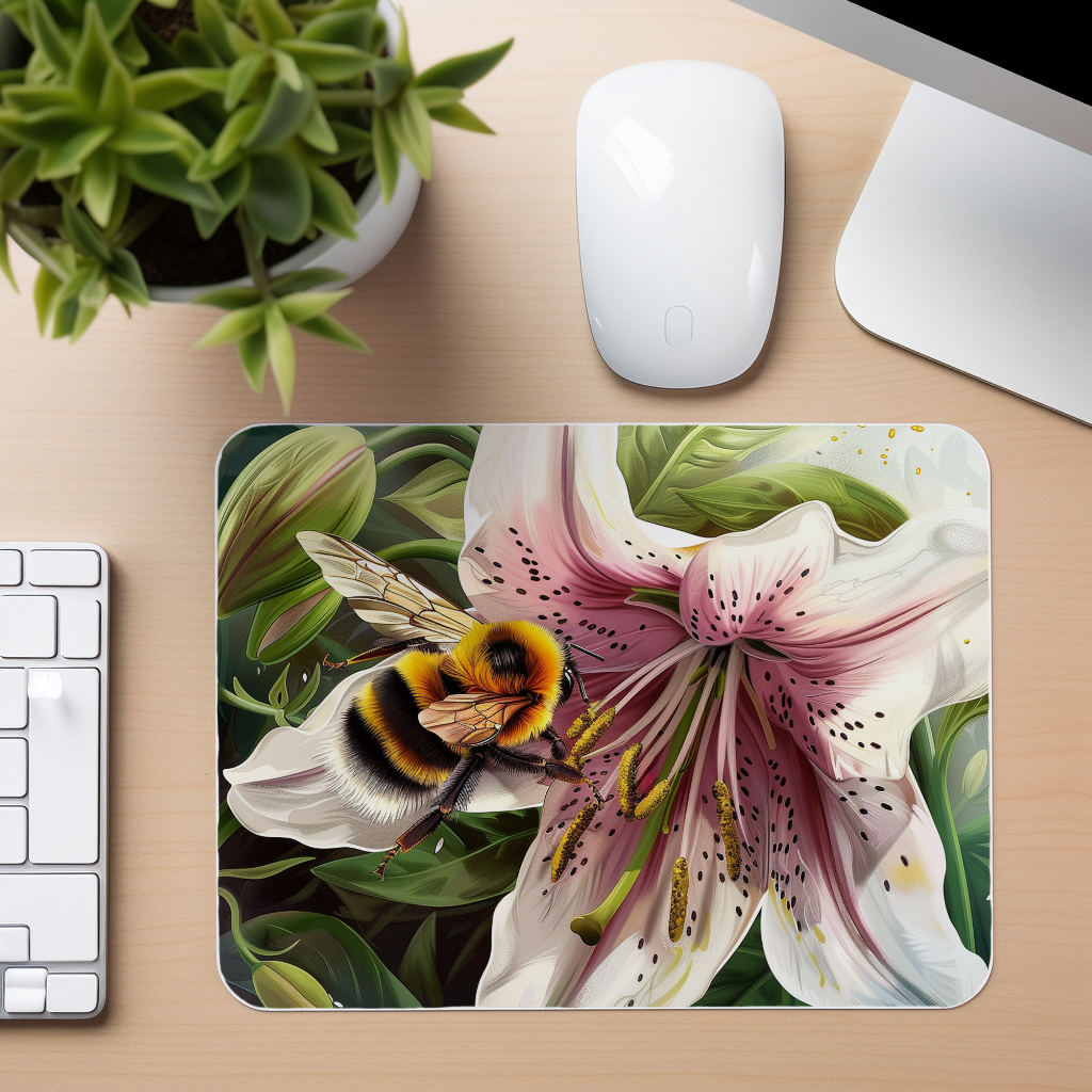 Watercolor Bee On Lily - Mouse Pad