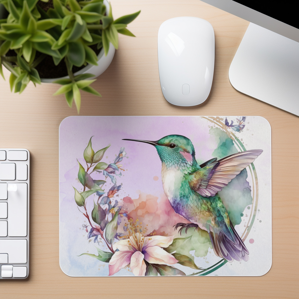 Watercolor Hummingbird - Flying Wreath - Mouse Pad