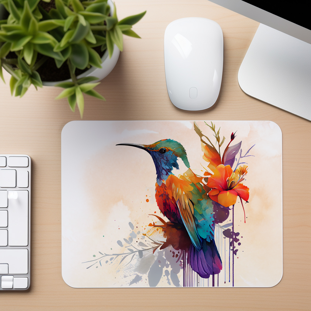 Watercolor Hummingbird - Multicolor Flowers - Mouse Pad