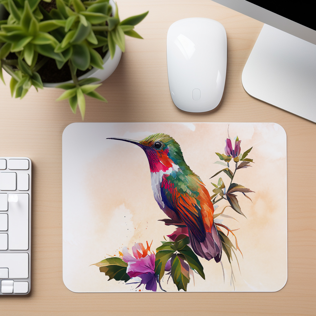 Watercolor Hummingbird - Orange Flower - Mouse Pad
