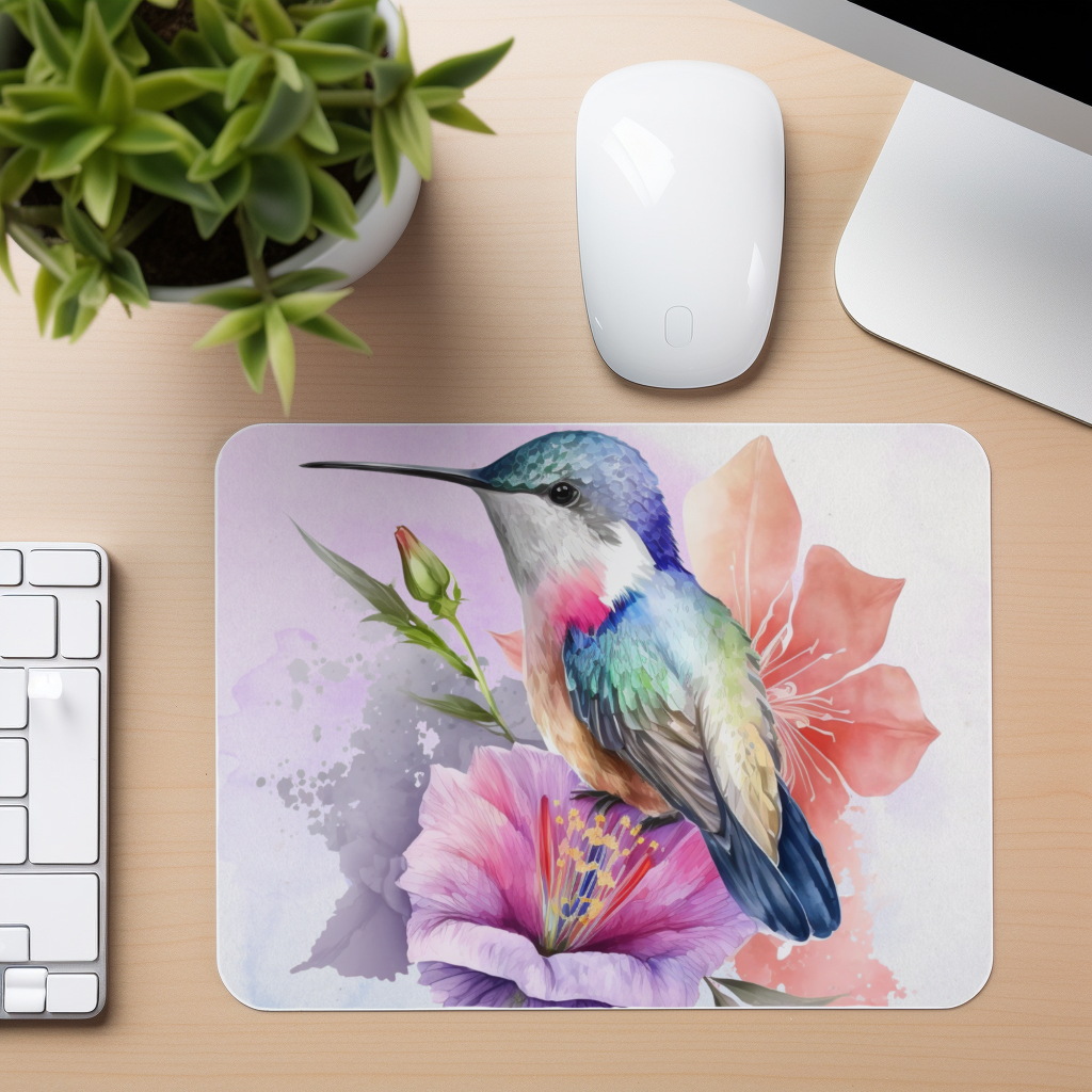 Watercolor Hummingbird - Pink Flower - Mouse Pad