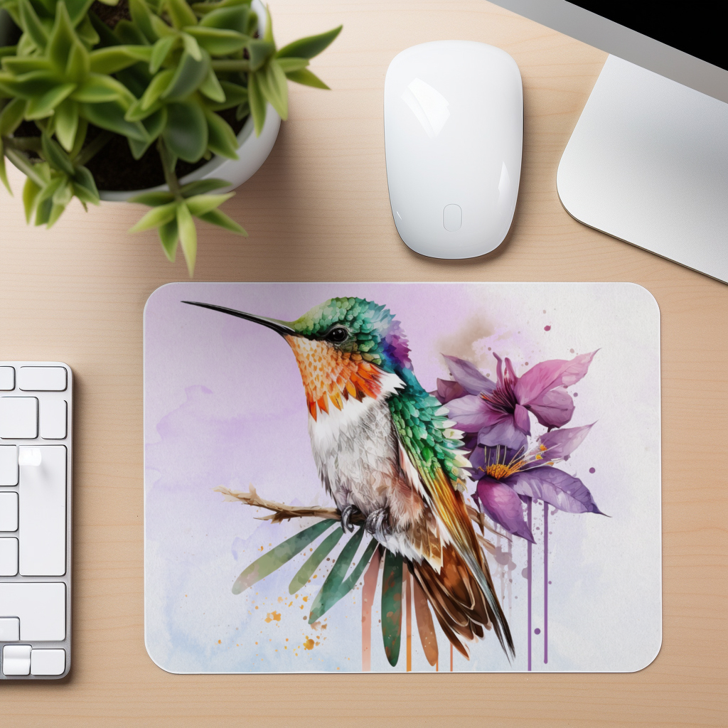 Watercolor Hummingbird - Purple Flower - Mouse Pad