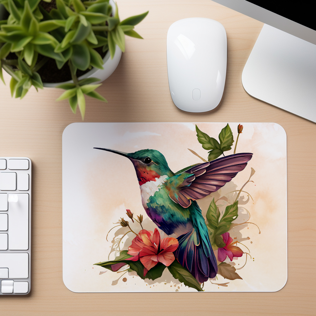 Watercolor Hummingbird - Red Flowers - Mouse Pad
