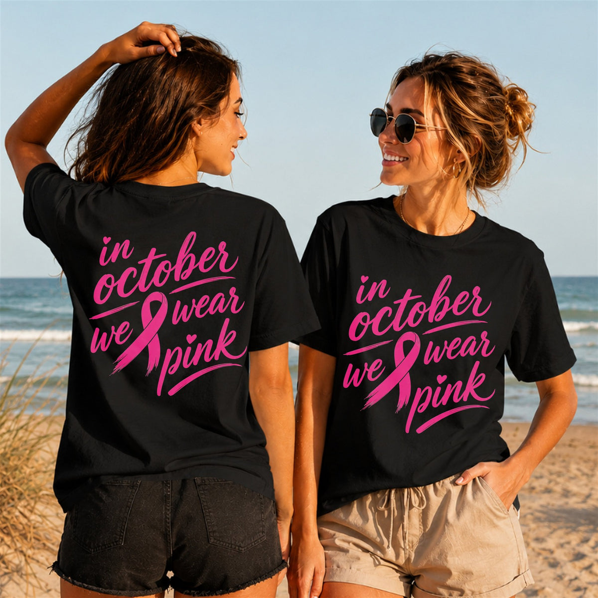 We Wear Pink Cursive Quote 2 - Women's T-Shirt in black, showing front and back print placement choices