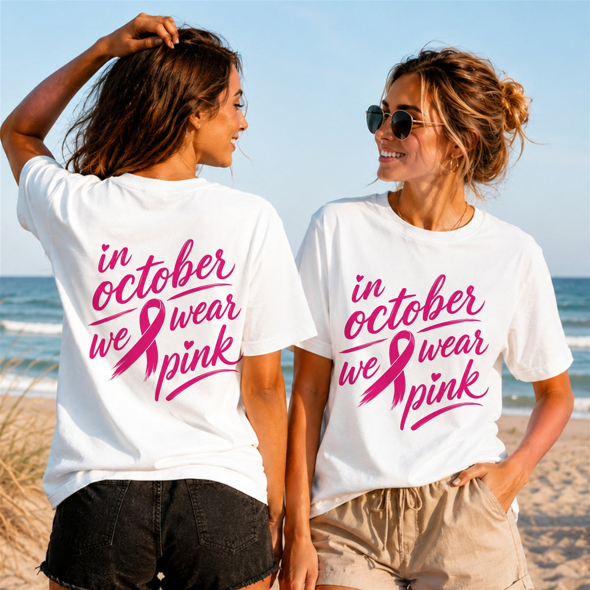 We Wear Pink Cursive Quote 2 - Women's T-Shirt in white, showing front and back print placement choices
