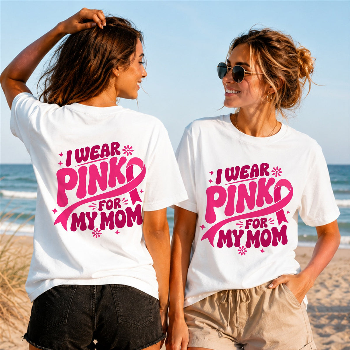 Wear Pink For My Mom Quote 1 - Women's T-Shirt in white, showing front and back print placement choices