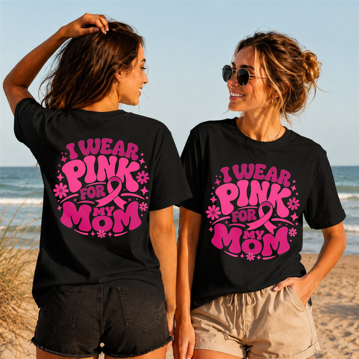 Wear Pink For My Mom Quote 2 - Women's T-Shirt in black, showing front and back print placement choices