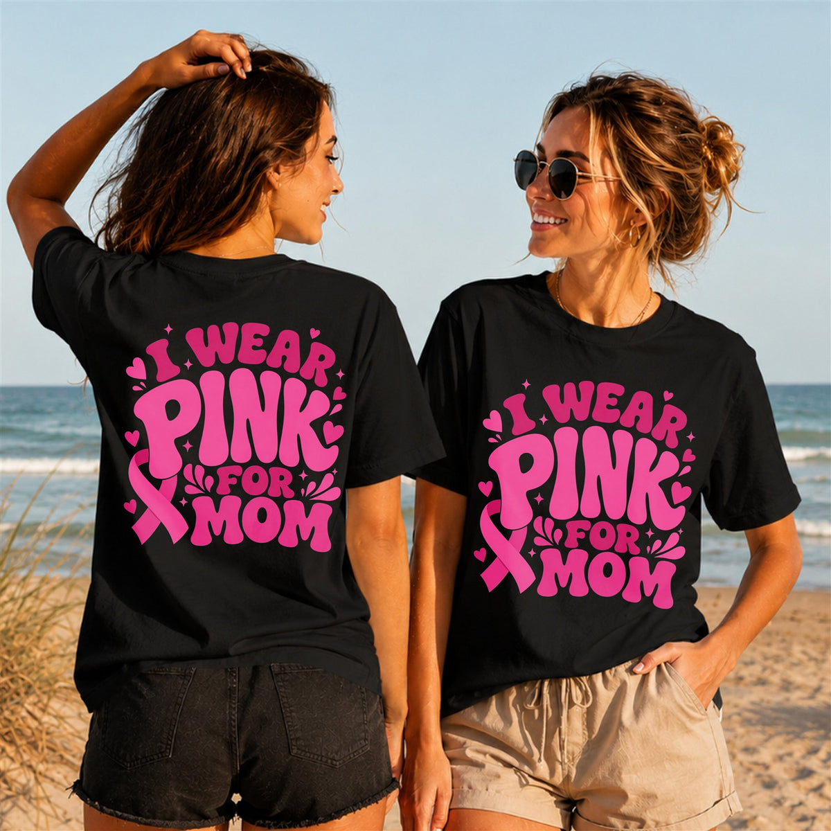 Wear Pink For My Mom Quote 3 - Women's T-Shirt in black, showing front and back print placement choices