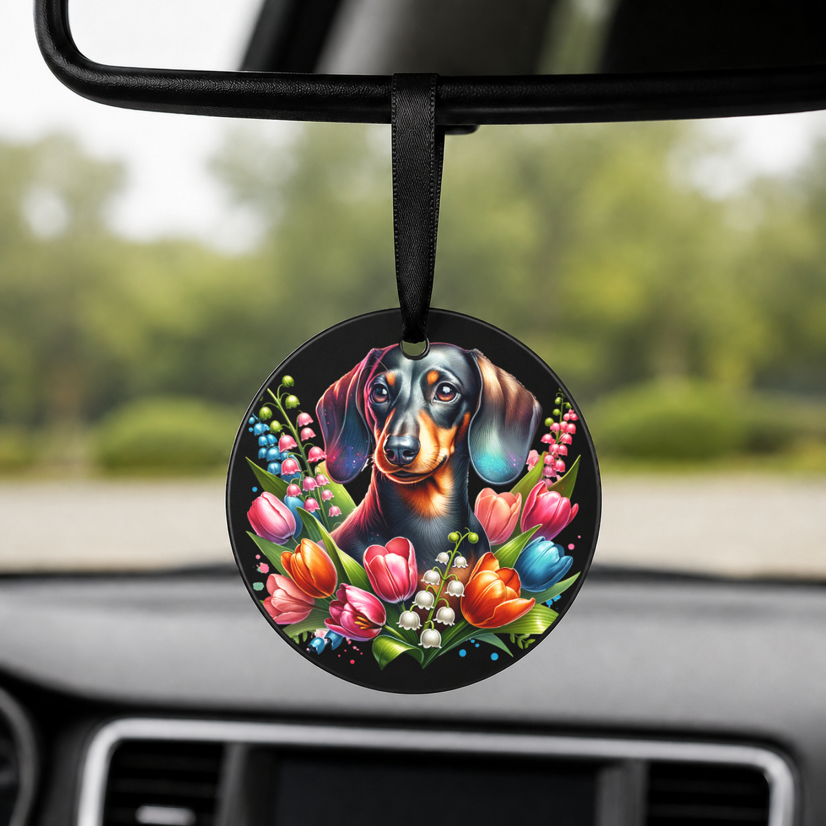 West Highland Terrier With Tulips - Round Car Charm in black