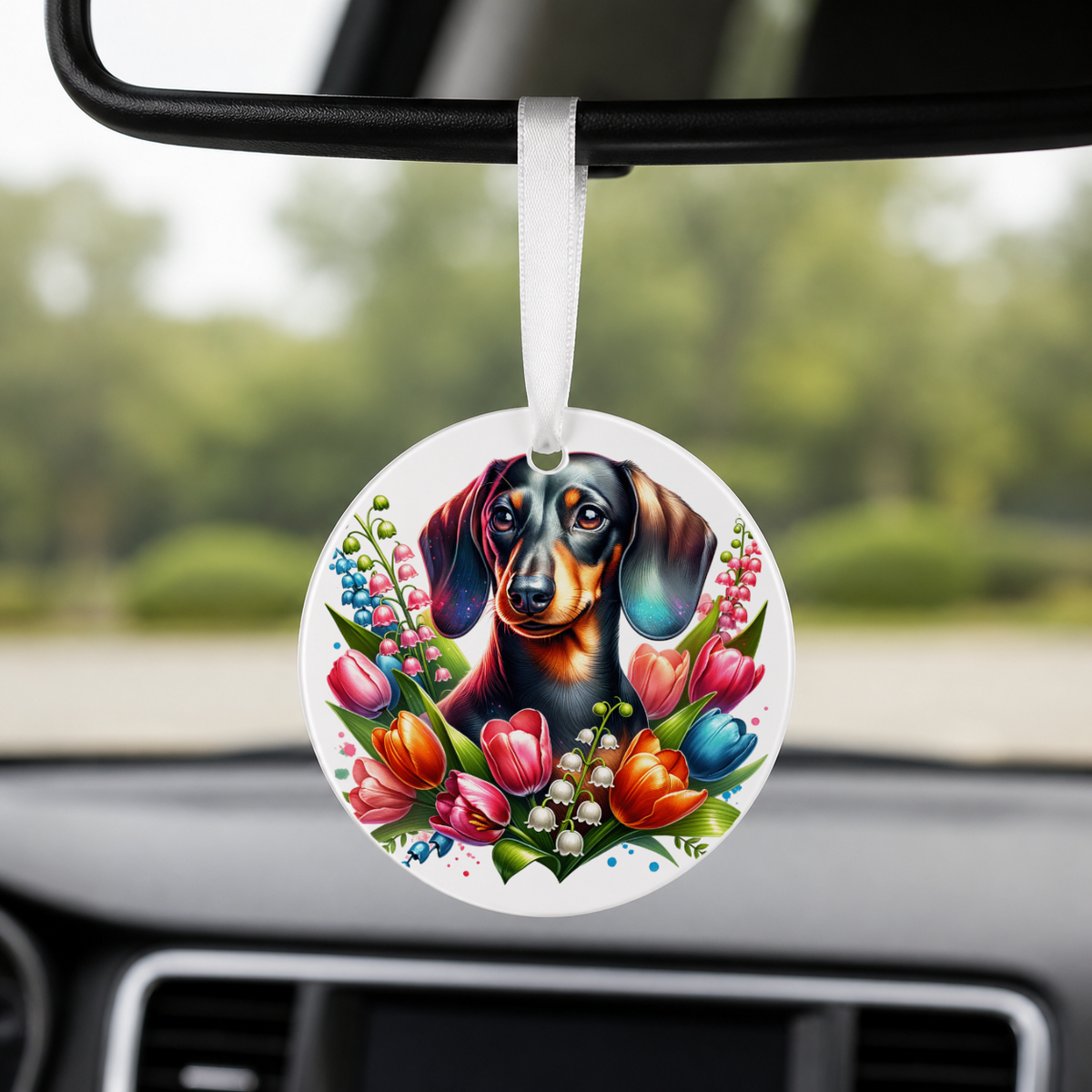 West Highland Terrier With Tulips - Round Car Charm in white