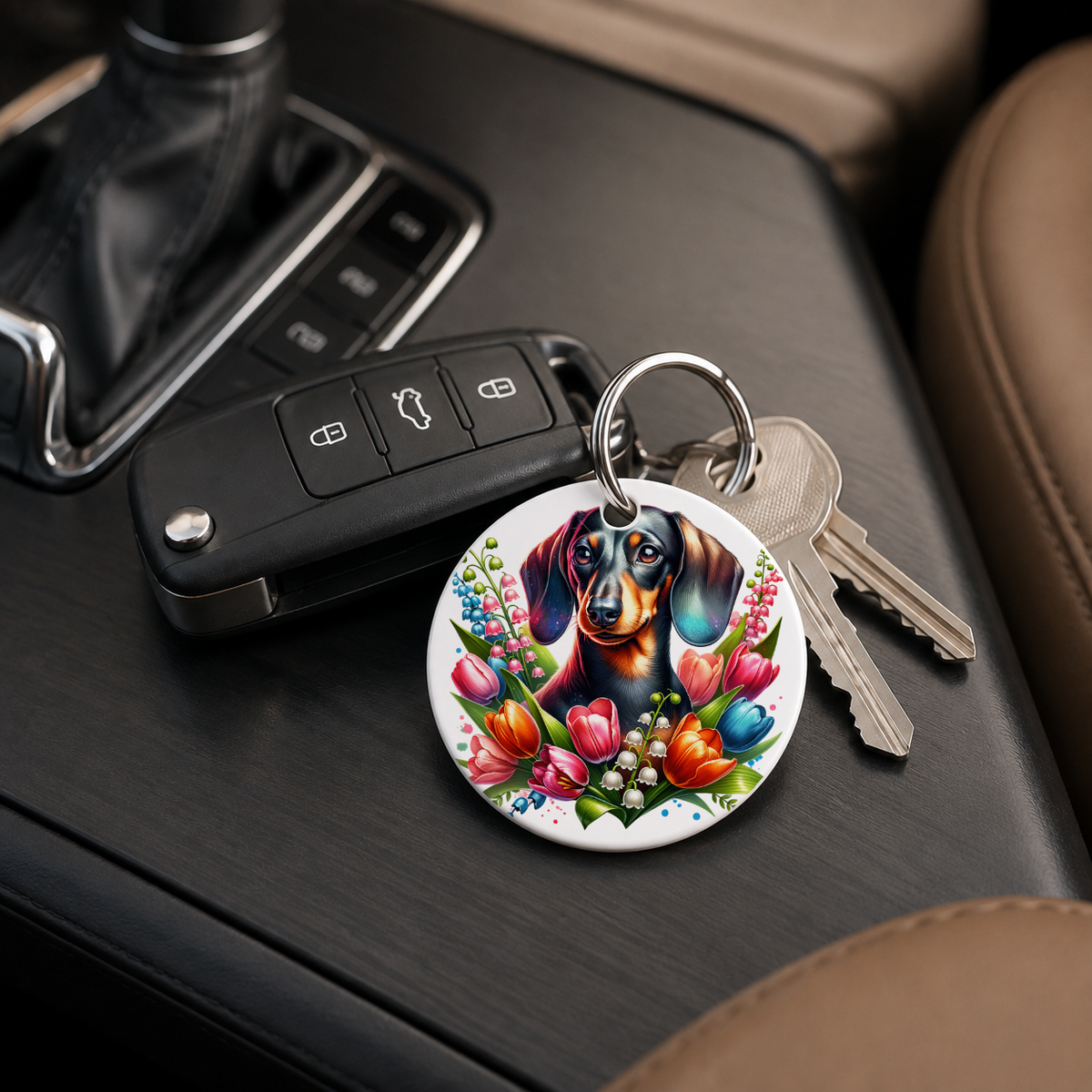 West Highland Terrier With Tulips - Keychain in white