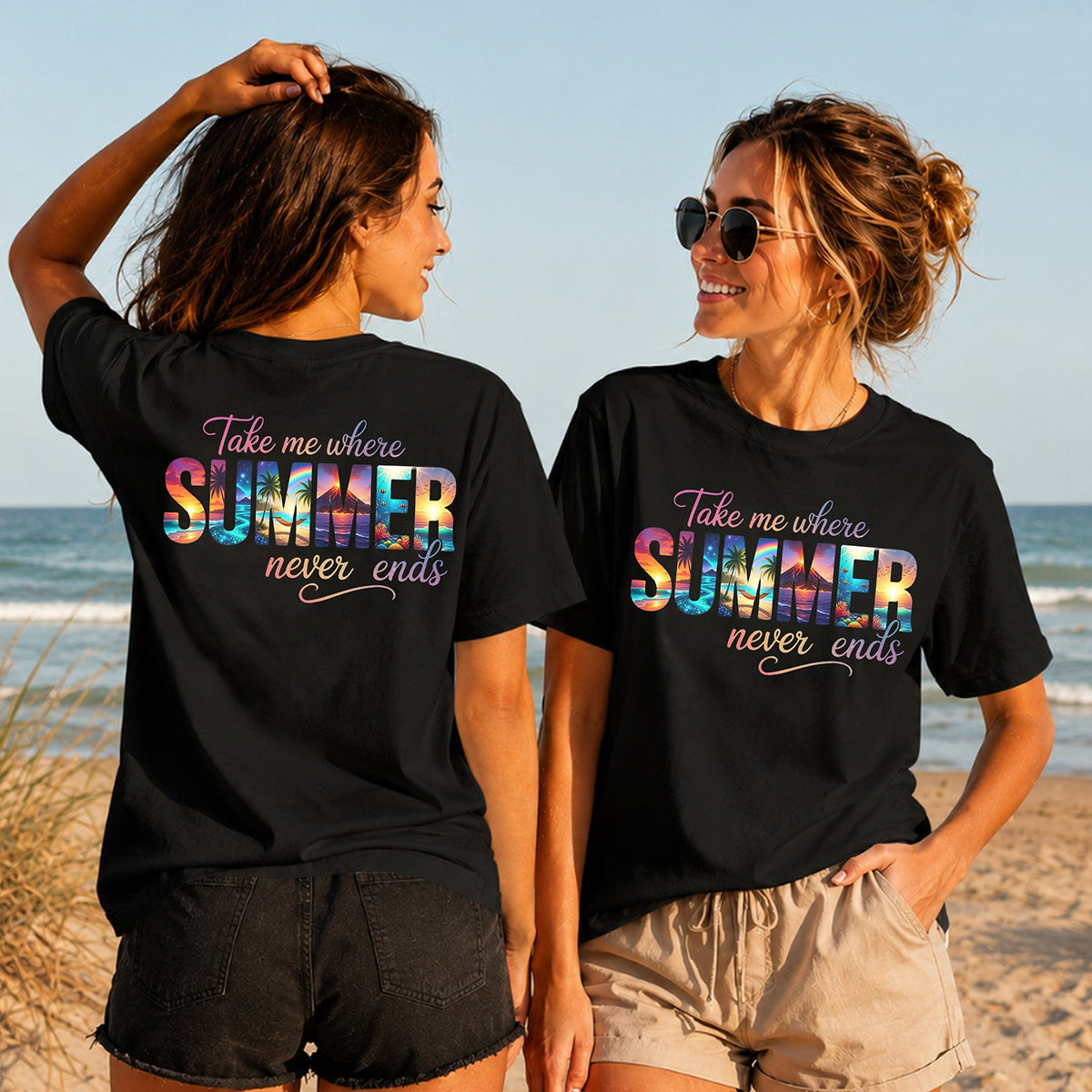 Where Summer Never Ends - Women's T-Shirt in black, showing alternative back and front print placements on the beach