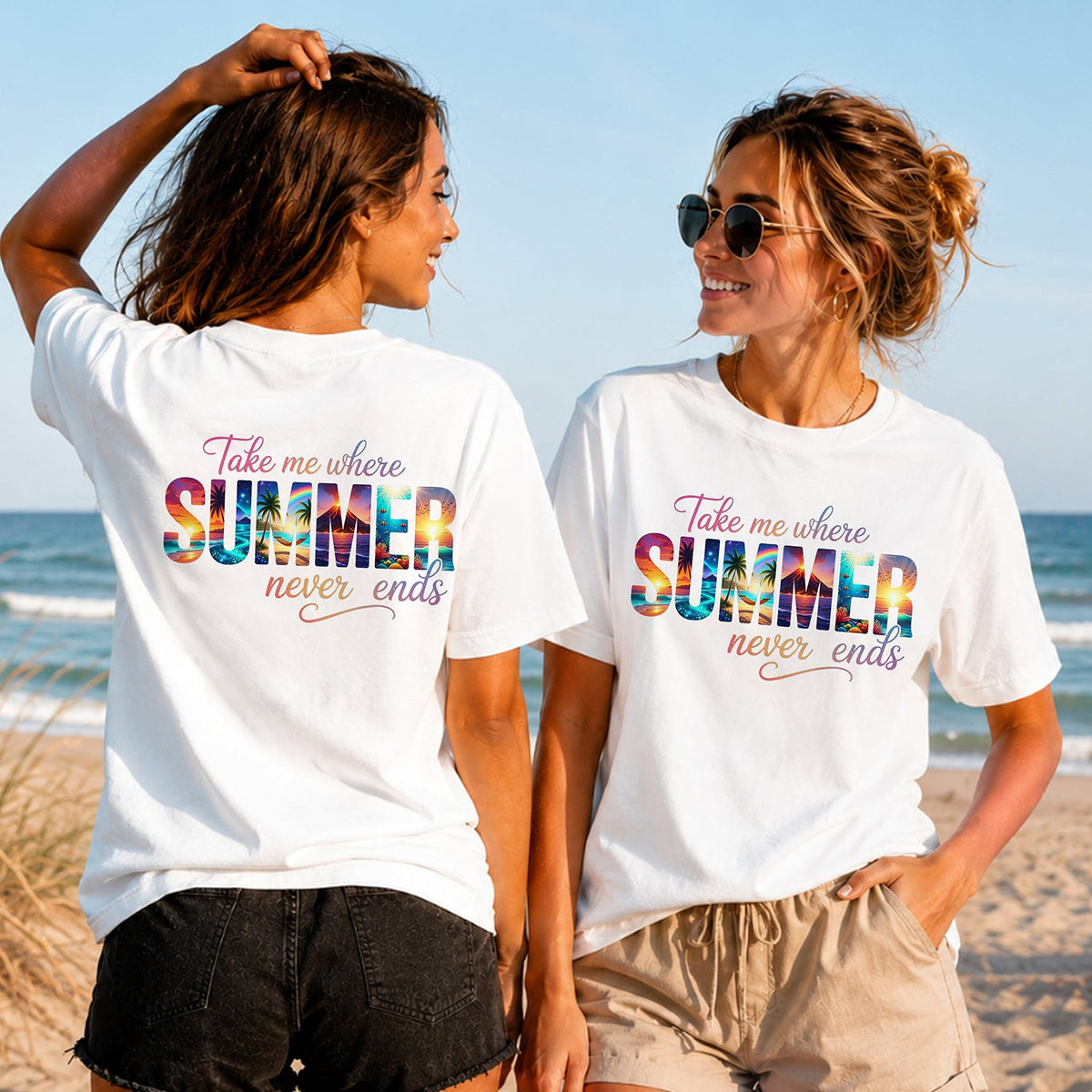 Where Summer Never Ends - Women's T-Shirt in white, showing alternative back and front print placements on the beach