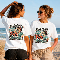 Who Asked You - Women's T-Shirt in white, showing alternative back and front print placements on the beach
