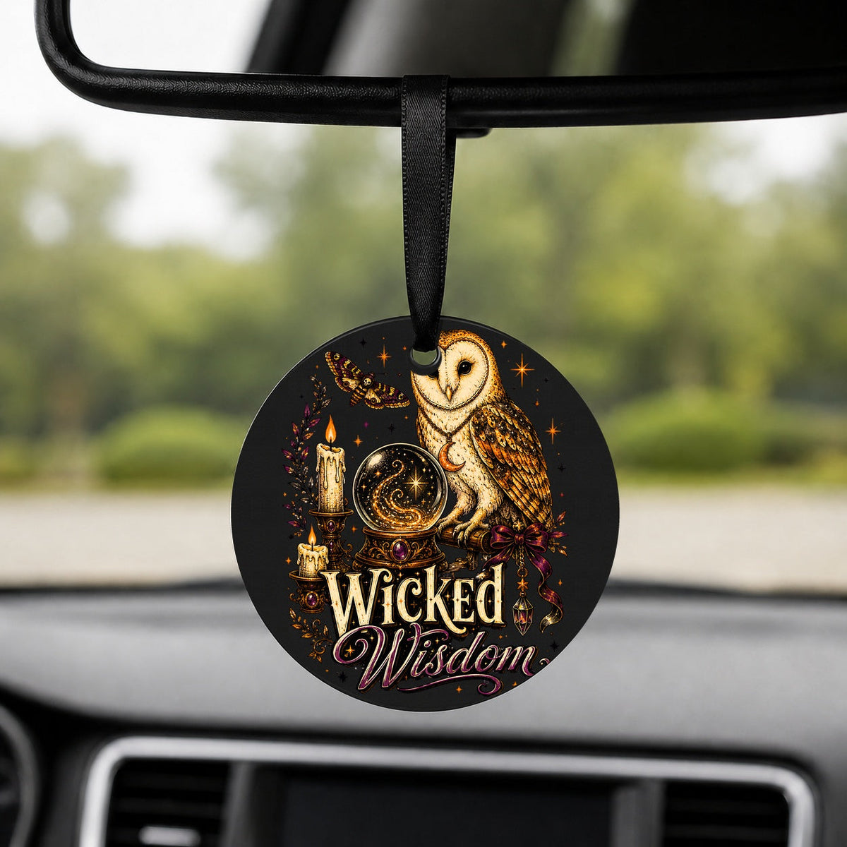 Wicked Wisdom Owl - Round Car Charm in black