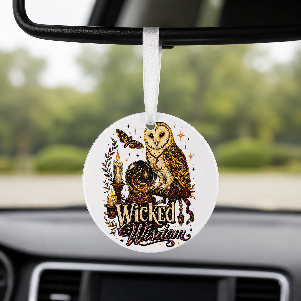 Wicked Wisdom Owl - Round Car Charm in white