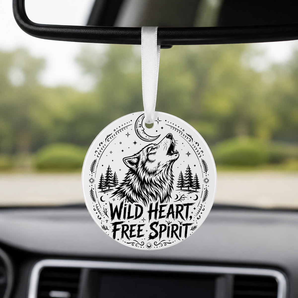 Wild Heart Free Spirit Wolf - Round Car Charm in white