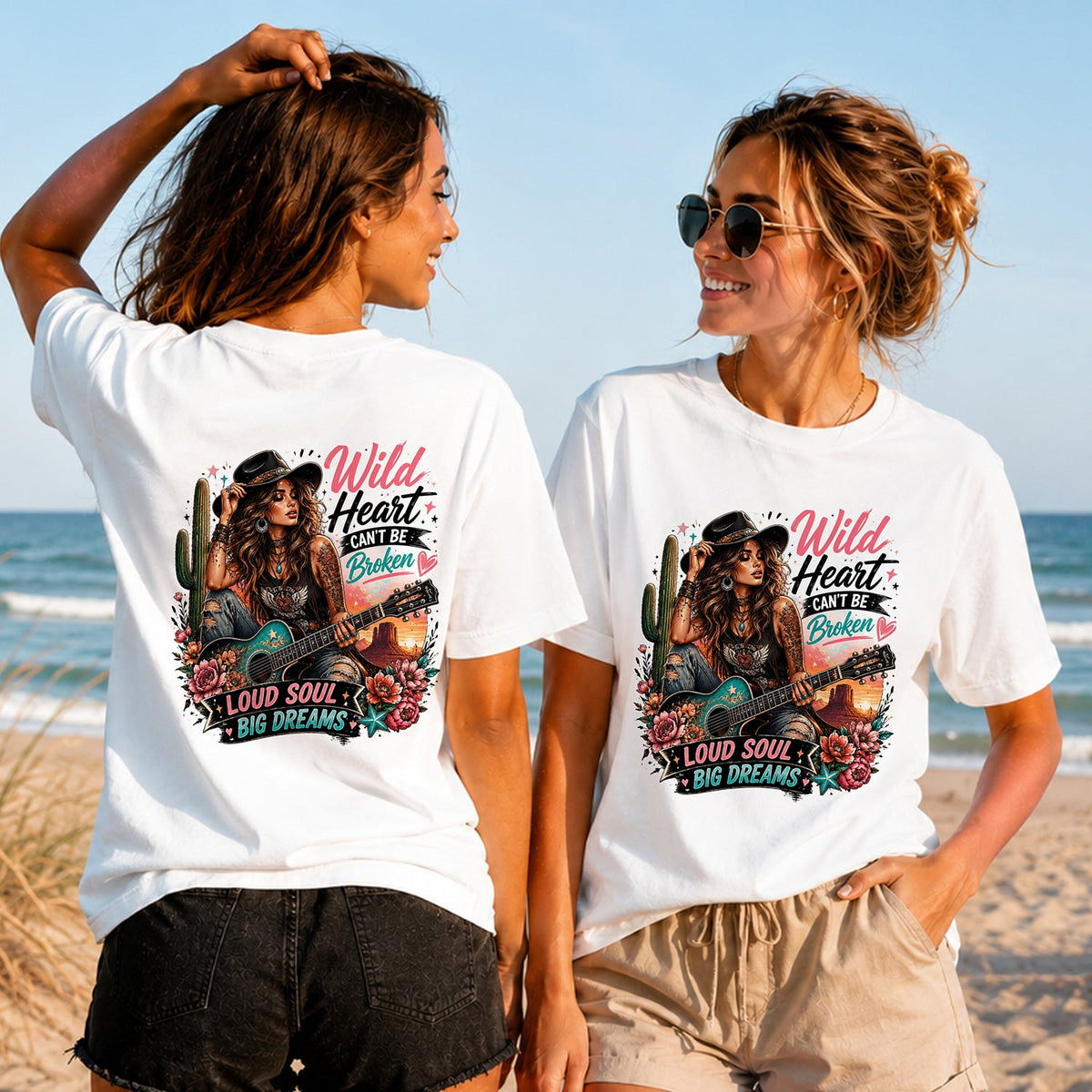 Wild Heart Loud Soul - Women's T-Shirt in white, showing alternative back and front print placements on the beach