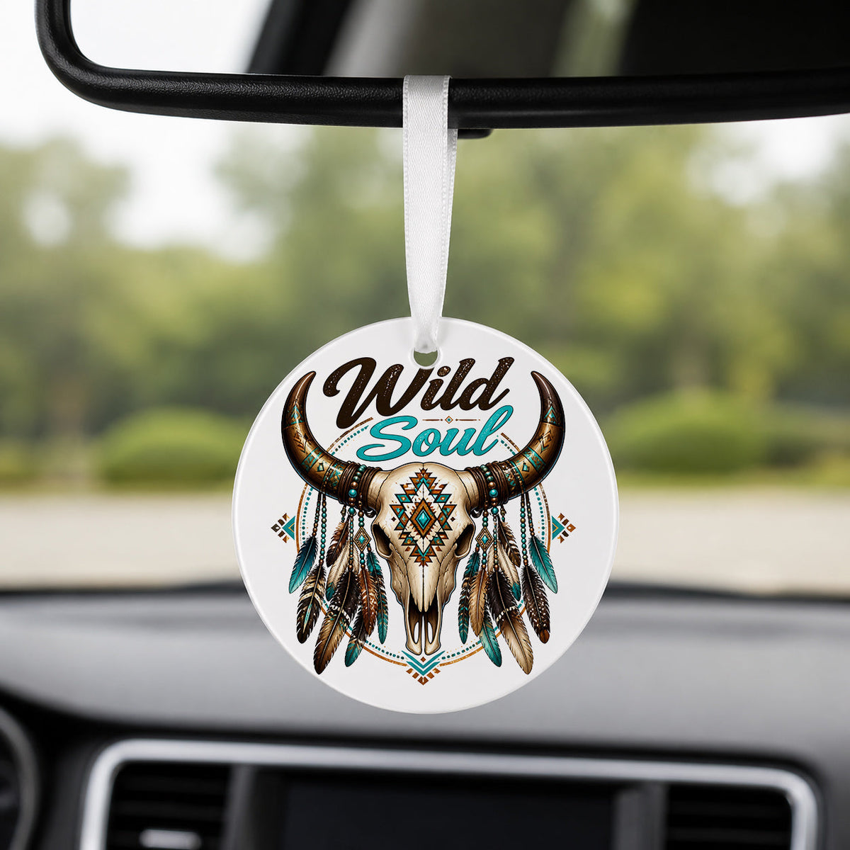 Wild Soul Western Skull - Round Car Charm in white