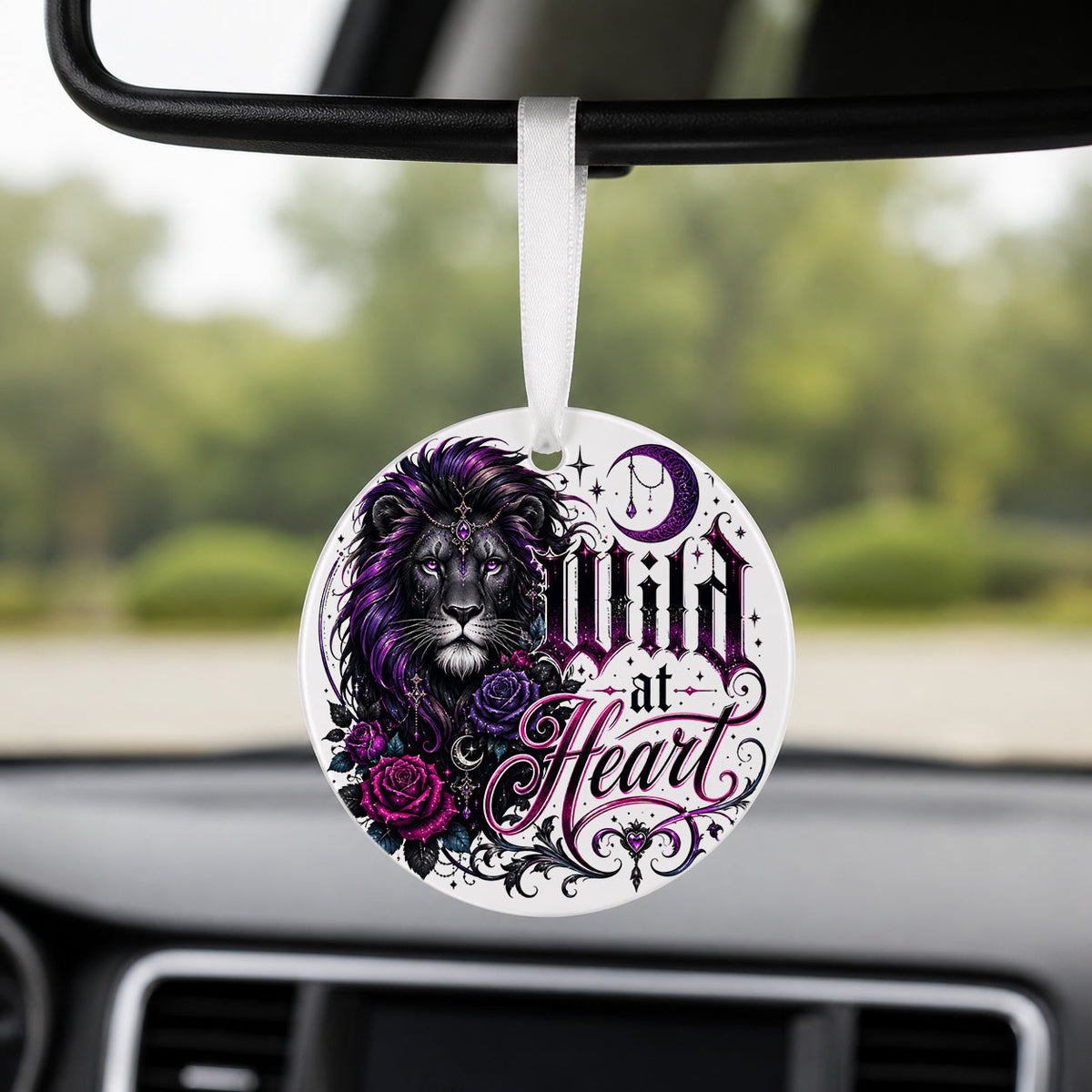 Wild at Heart Lion - Round Car Charm in white