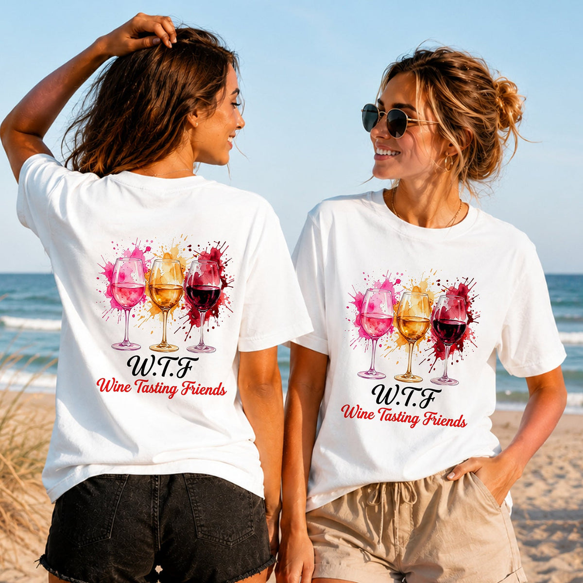 Wine Tasting Friends - Women's T-Shirt in white, showing alternative back and front print placements on the beach