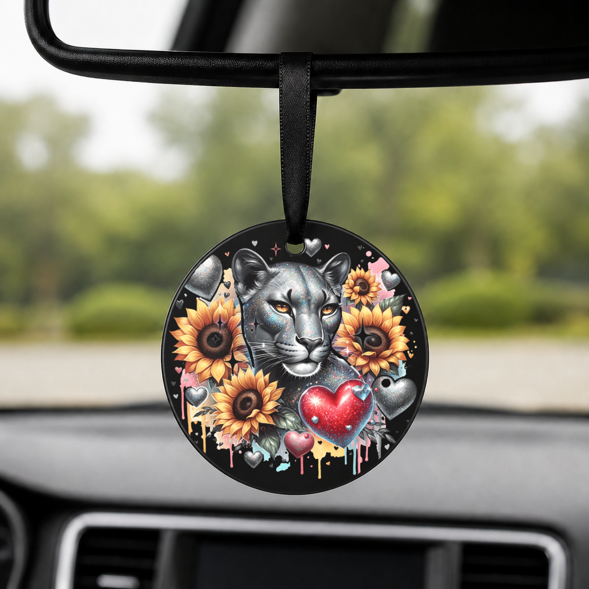 Wolf With Sunflowers - Round Car Charm in black